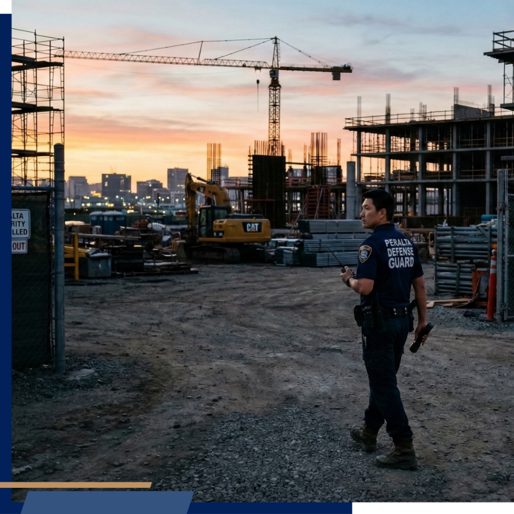 Security guard monitoring construction site during sunset in Peralta Defense.