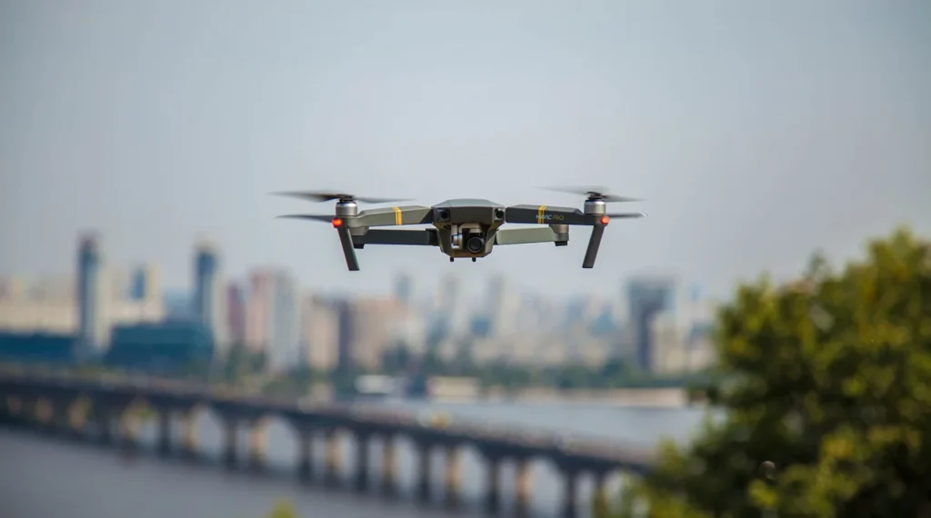 drone-security-surveillance Drone security surveillance monitoring a nearby bridge