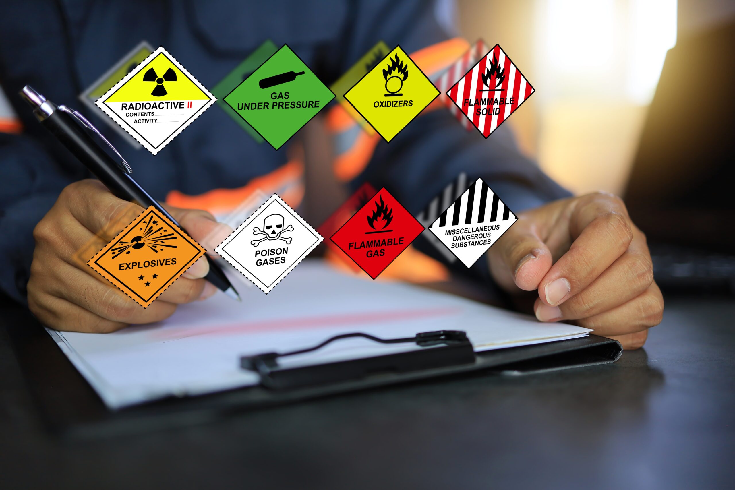 Security,Officers,Hold,Clipboards,And,Inspect,The,Storage,Of,Dangerous A person taking a test about various symbols