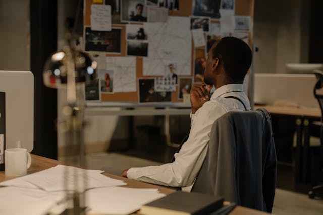 A private investigator sitting at a desk