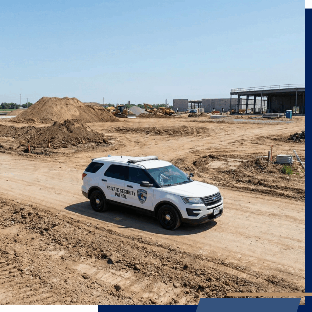 A security consultant and a site manager discuss security plans over a tablet with blueprints at a construction site.