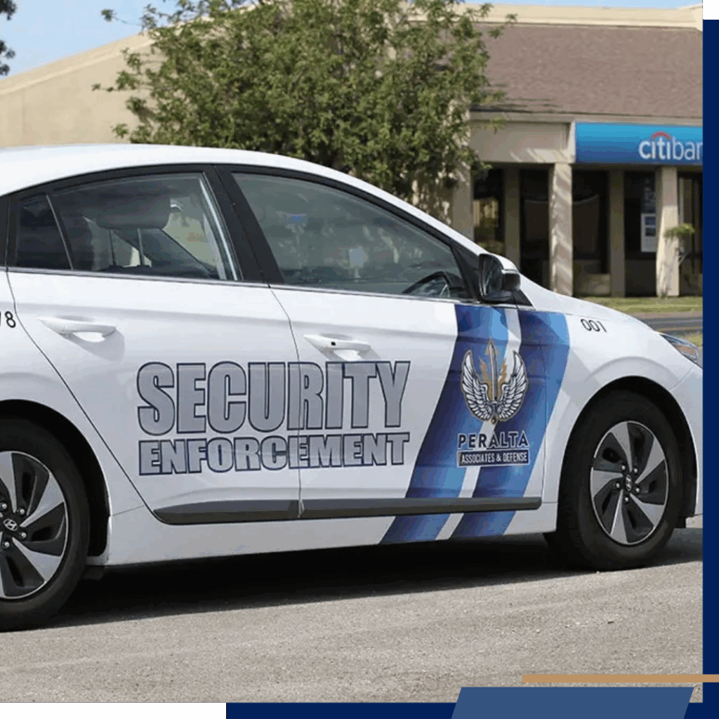 Peralta Security car patrolling near a bank