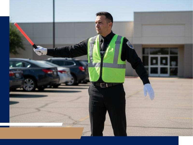 Peralta Defense Security Guard. Security guard directing traffic with a baton outside a commercial building.